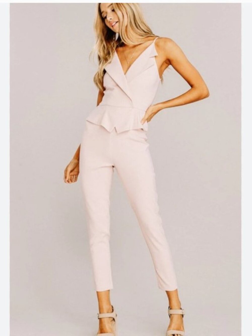 Main Strip Blush Pink Peplum V-Neck Jumpsuit